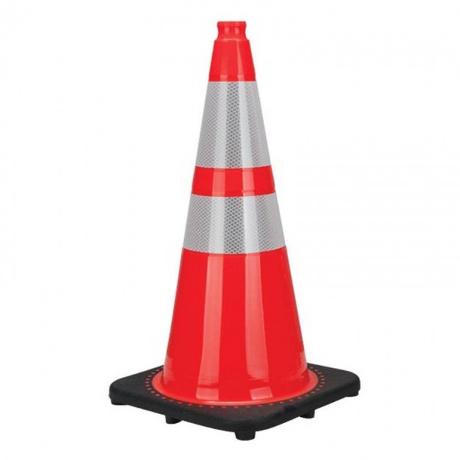 Orange traffic cone whit 2 collar, 28 in. long, weight: 7.5 lbs. Made from 100% PVC.
