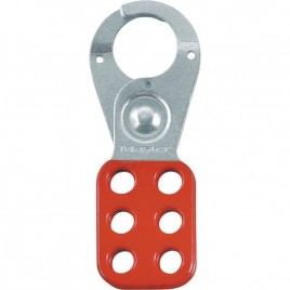 Metal lockout hasp with 1 in diameter jaw opening.