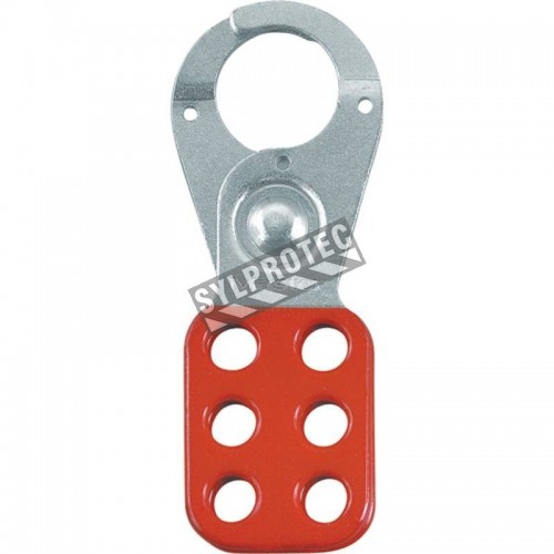 Metal lockout hasp with 1 in diameter jaw opening.