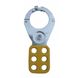Metal lockout hasp yellow with 1 in diameter jaw opening, 4 3/8 in. length. Single scissor type