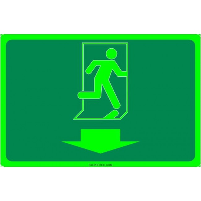 Photo luminescent pictogram sign running man with down arrow in various sizes shapes materials 