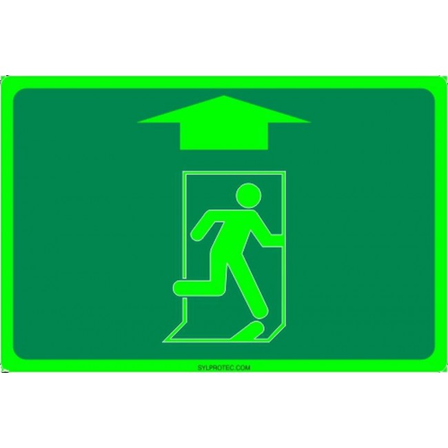 Affiche Sortie pictogramme photoluminescent running man avec flèche haut choix formats matériaux et formes