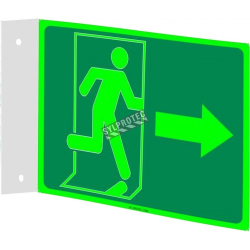 Affiche Sortie pictogramme photoluminescent running man avec flèche a droite choix formats matériaux et formes