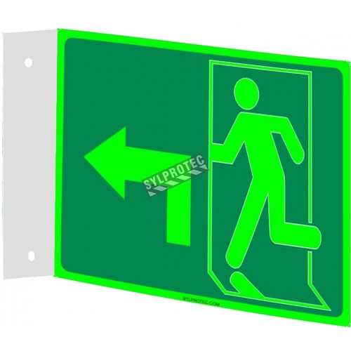 Affiche Sortie pictogramme photoluminescent running man avec flèche 90 degré à gauche choix formats matériaux et formes