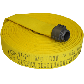 Permatek yellow fire hose with double jacket, 1.5 in x 50 ft, with aluminium coupling.