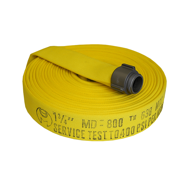 Permatek yellow fire hose with double jacket, 1.5 in x 50 ft, with aluminium coupling.