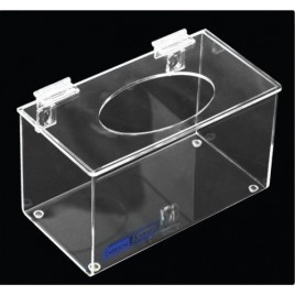 Clear acrylic hairnet dispenser with flat hinged lid and top opening, for wall mounting or table mounting.