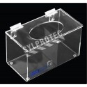 Clear acrylic hairnet dispenser with flat hinged lid and top opening, for wall mounting or table mounting.