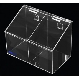 Clear acrylic hairnet dispenser with 2 bins and slanted hinged lid, for wall mounting or table mounting.