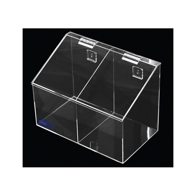 Clear acrylic hairnet dispenser with 2 bins and slanted hinged lid, for wall mounting or table mounting.
