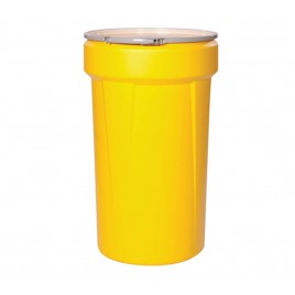 Large HazMat chemical spill kit for corrosive or hazardous fluids, 55 US gallons, overpacked in drum with screw lid.