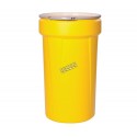Large HazMat chemical spill kit for corrosive or hazardous fluids, 55 US gallons, overpacked in drum with screw lid.