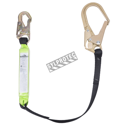 Peakworks polyester web lanyard with a Shock Pack energy absorber and a rebar hook, 200-350 lb