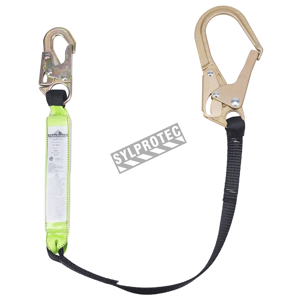 Peakworks polyester web lanyard with a Shock Pack energy absorber and a  rebar hook, 200-350 lb