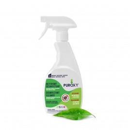 Puroxy, hydrogen peroxide-based surface disinfectant. Available in 1 litre format with a spray bottle