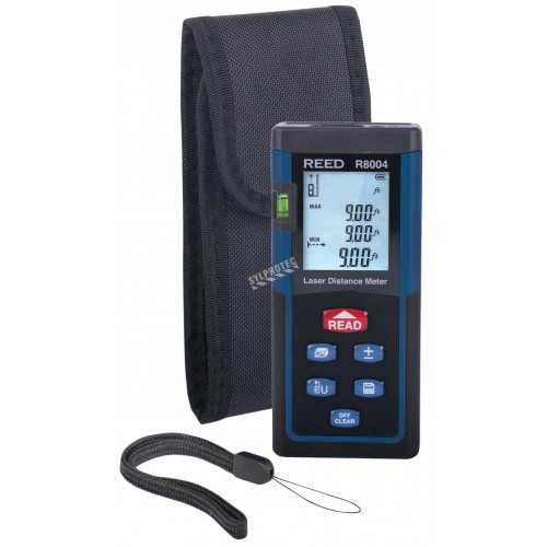 Ultrasonic distance meter measuring in imperial &amp; metric. Range: 0.5 m to 16 m. Includes soft carrying case and 9V battery.