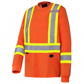 High visibility long-sleeved shirt, neon orange with reflective stripes.