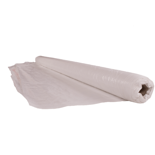 High density (670 denier) white polyethylene rip-free tarp. Thickness: 3 mil. Ideal for asbestos abatement & decontamination.