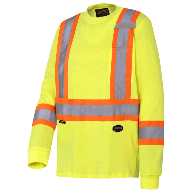 High visibility long-sleeved shirt, neon yellow with grey reflective stripes