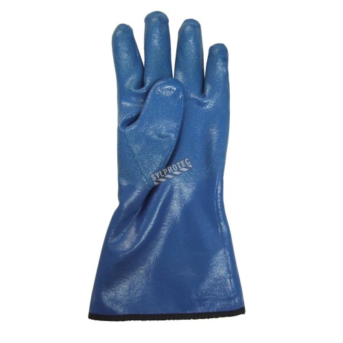 Cotton flannel nitrile gloves with hand roughened finish, 11&quot; long. Sold by pair, choice of sizes.