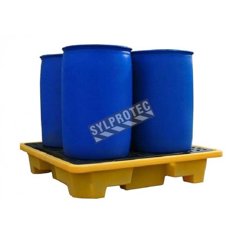 Yellow retention platform, 57.5X57.5X12 in. designed for four drums of 205 liters (45 gal), capacity of 250 liters (55-gal Imp)