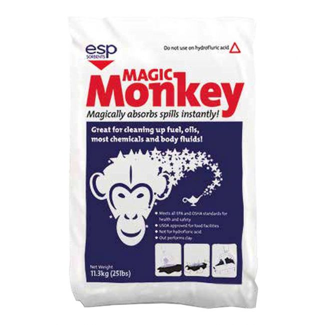 Magic Monkey absorbent granules for liquid spills of any viscosity with capacity of 41 to 52 L, sold in 11.3 kg (25 lb) bags
