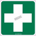 Self-adhesive vinyl cross sign for custom-made first aid signage on kits