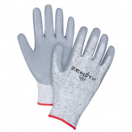 Zenith gray cut proof economy glove, HPPE 13 gauges knit coated with porous nitrile, sold by the pair, sizes 7 to 11