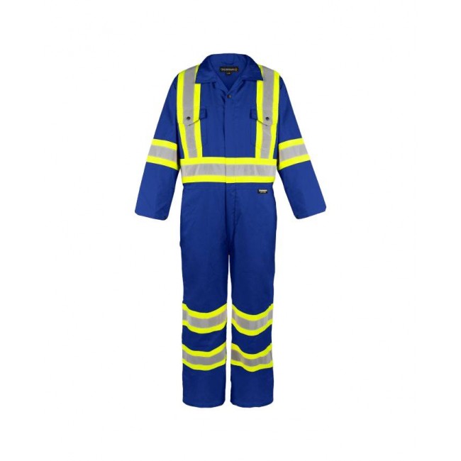 Terra blue, unlined coveralls with reflective stripes., sold individually