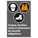French CDN " Wearing a helmet, glasses, bib and boots is mandatory " sign: many sizes, shapes, materials & languages