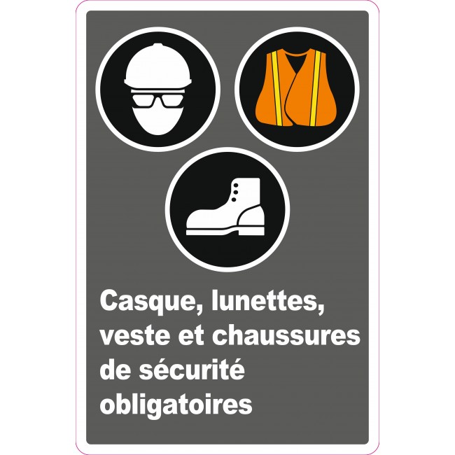 French CDN " Wearing a helmet, glasses, bib and boots is mandatory " sign: many sizes, shapes, materials & languages