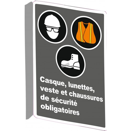 French CDN &quot; Wearing a helmet, glasses, bib and boots is mandatory &quot; sign: many sizes, shapes, materials &amp; languages
