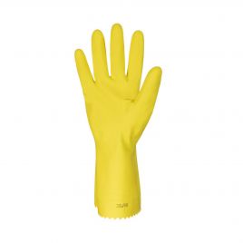 Yellow latex, textured, flocked cotton glove 12" long and 12 mils thick, sold by the pair