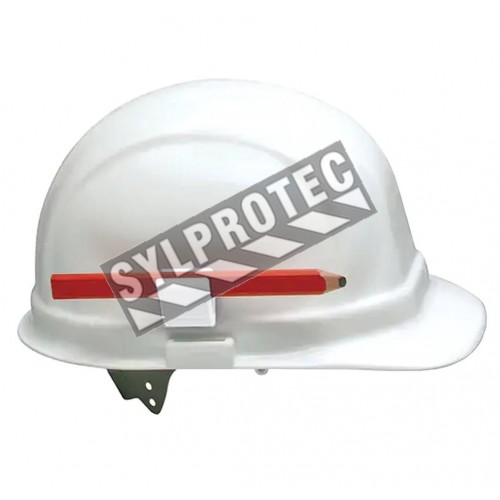 Adhesive pen clip for construction or hard helmets. White color, Sold individually
