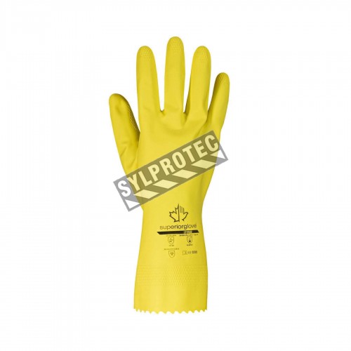 Yellow latex, textured, flocked cotton glove 12&quot; long and 12 mils thick, sold by the pair