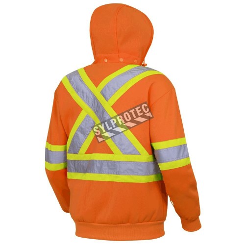 Men&#039;s orange Pioneer fleece hoodie made of 10.5 oz high-visibility polyester, sold individually