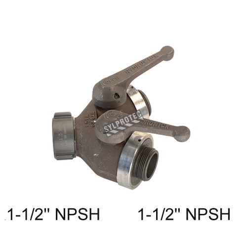 Gate-wye with individual control valve, 1-1/2'' female NPSH swivel inlet to two 1-1/2'' male NPSH outlets