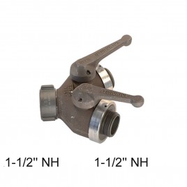 Gate-wye with individual control valve at outlet to regulate flow, 1-1/2'' female NH swivel inlet to two 1-1/2'' male NH outlets