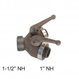 Connexion en Y avec valve de contrôle individuel, entrée 1-1/2’’ femelle pivotante NH, 2 sorties 1’’ NPSH mâles