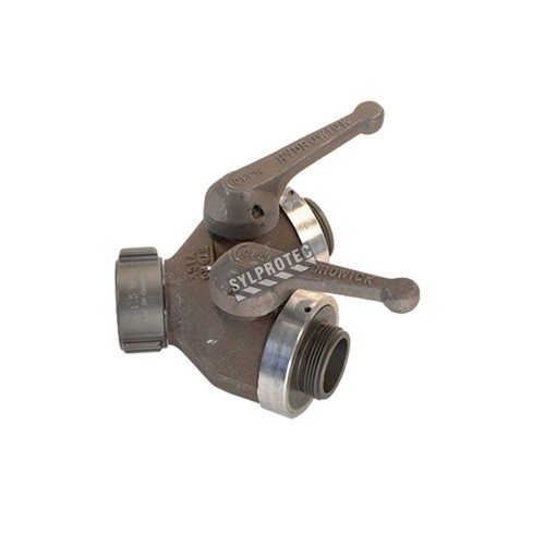 Gate-wye with individual control valve, 1-1/2&#039;&#039; female NH swivel inlet to two 1&#039;&#039; male NPSH outlets