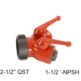 Gate-wye with individual control valve at outlet to regulate flow, 2-1/2'' female QST swivel inlet to two 1-1/2'' male NPSH