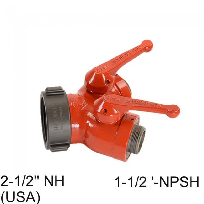 Gate-wye with individual control valve at outlet to regulate flow, 2-1/2'' female NH swivel inlet to two 1-1/2'' male NPSH