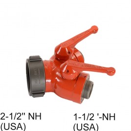 Gate-wye with individual control valve at outlet to regulate flow, 2-1/2'' female NH swivel inlet to two 1-1/2'' male NH