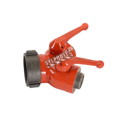Gate-wye with individual control valve at outlet to regulate flow, 2-1/2&#039;&#039; female QST swivel inlet to two 1-1/2&#039;&#039; male NPSH