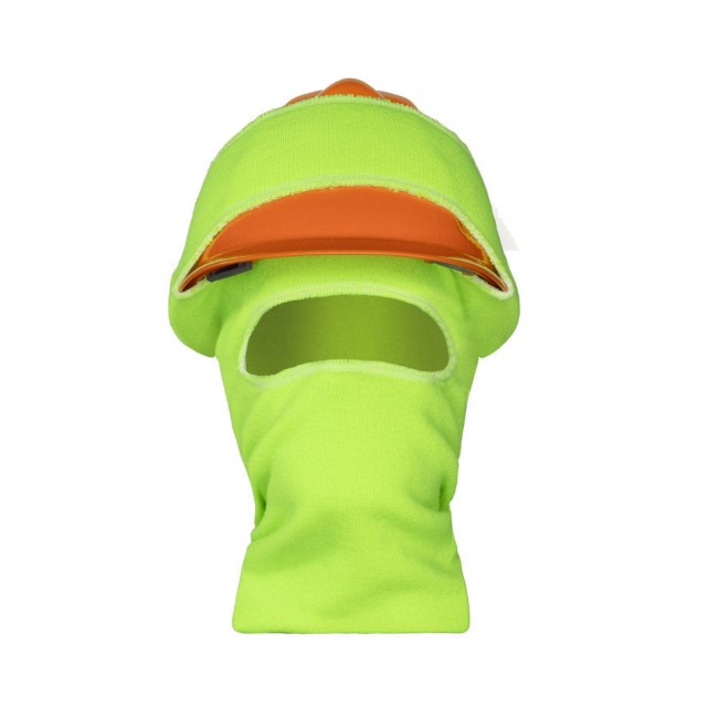 Cagoule en acrylique jaune vif conçue pour le port du casque de sécurité afin de tenir la tête, le visage et le cou au chaud
