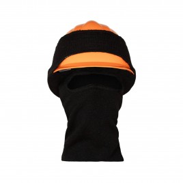 Black acrylic knit balaclava designed for safety helmets to keep head, face and neck warm, sold individually