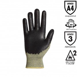 Woven gloves in flame-retardant fiber, ARC2 arc-resistant, neoprene-coated palm, made in Canada, sold by the pair