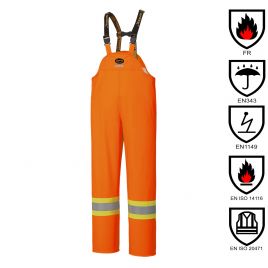 Waterproof, flame-retardant, high-visibility orange safety bib pant, model 5893 Pioneer Flame-Gard, sizes XS to 7 XL
