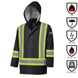 Waterproof, flame-retardant, black low-visibility safety coat, model 5894BK Pioneer Flame-Gard, sizes XS to 4 XL