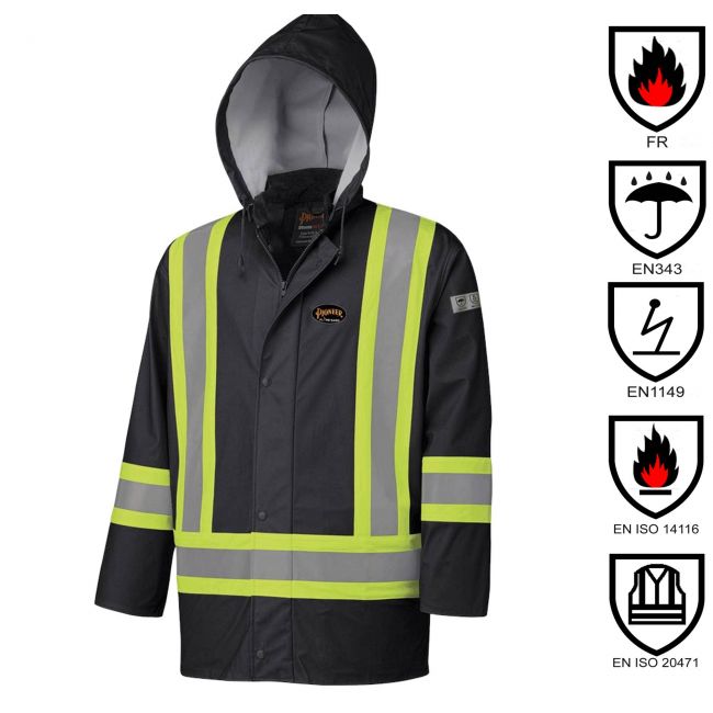 Waterproof, flame-retardant, black low-visibility safety coat, model 5894BK Pioneer Flame-Gard, sizes XS to 4 XL